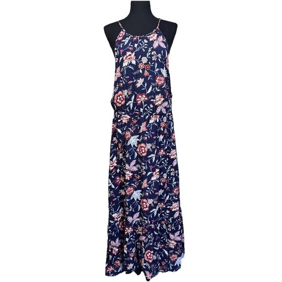 Old Navy Halter Maxi Dress Womans Large Blue Sleeveless Floral Vacation Cottage - Picture 1 of 15